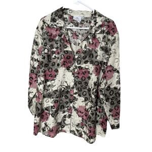 Hot Cotton Marc Ware XL 100% Linen Button Shirt Top Pink Tan Floral Lagenlook